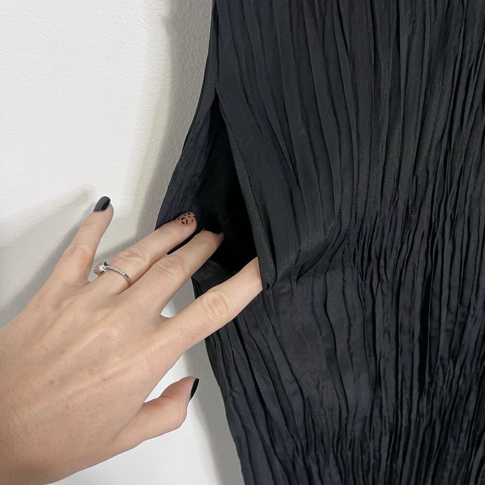 Vince Crushed Silk Black Midi Dress XS V Neck Pleated Minimalist Quiet Luxury - Picture 7 of 11